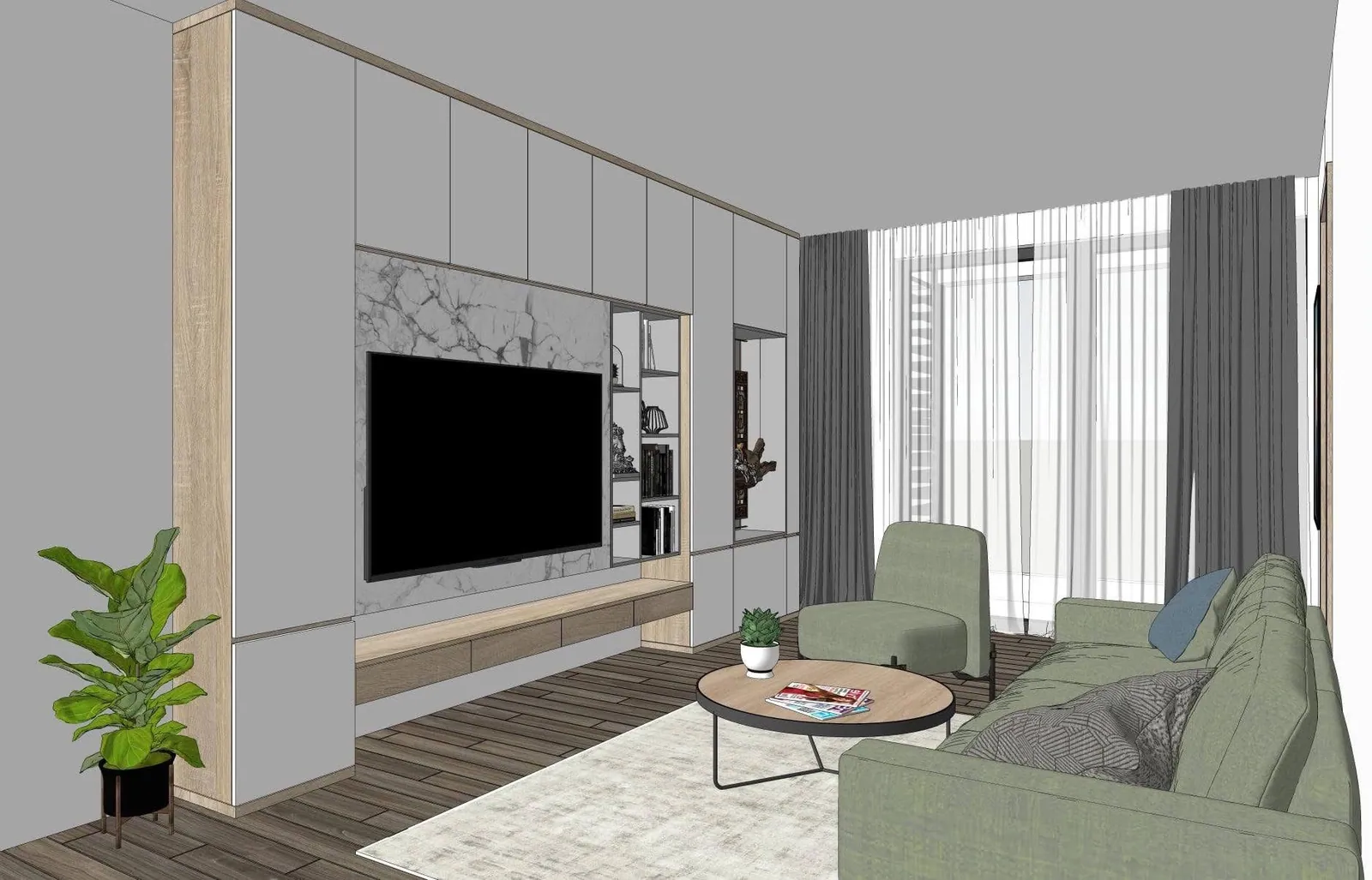 SketchUp line-drawing model before render