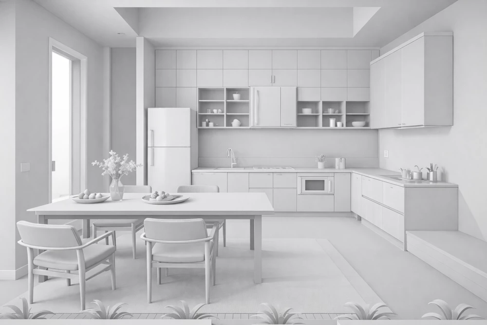 Create early visuals from plans or references to align direction quickly. - Before